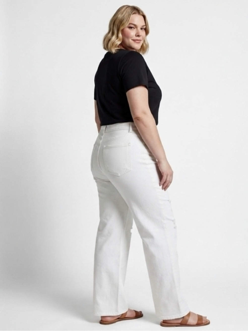 WOMEN’s WHITE DISTRESSED RISEN DENIM JEANS 1XL WIDE LEG FLATTERING HIGH RISE NWT - Picture 2 of 13